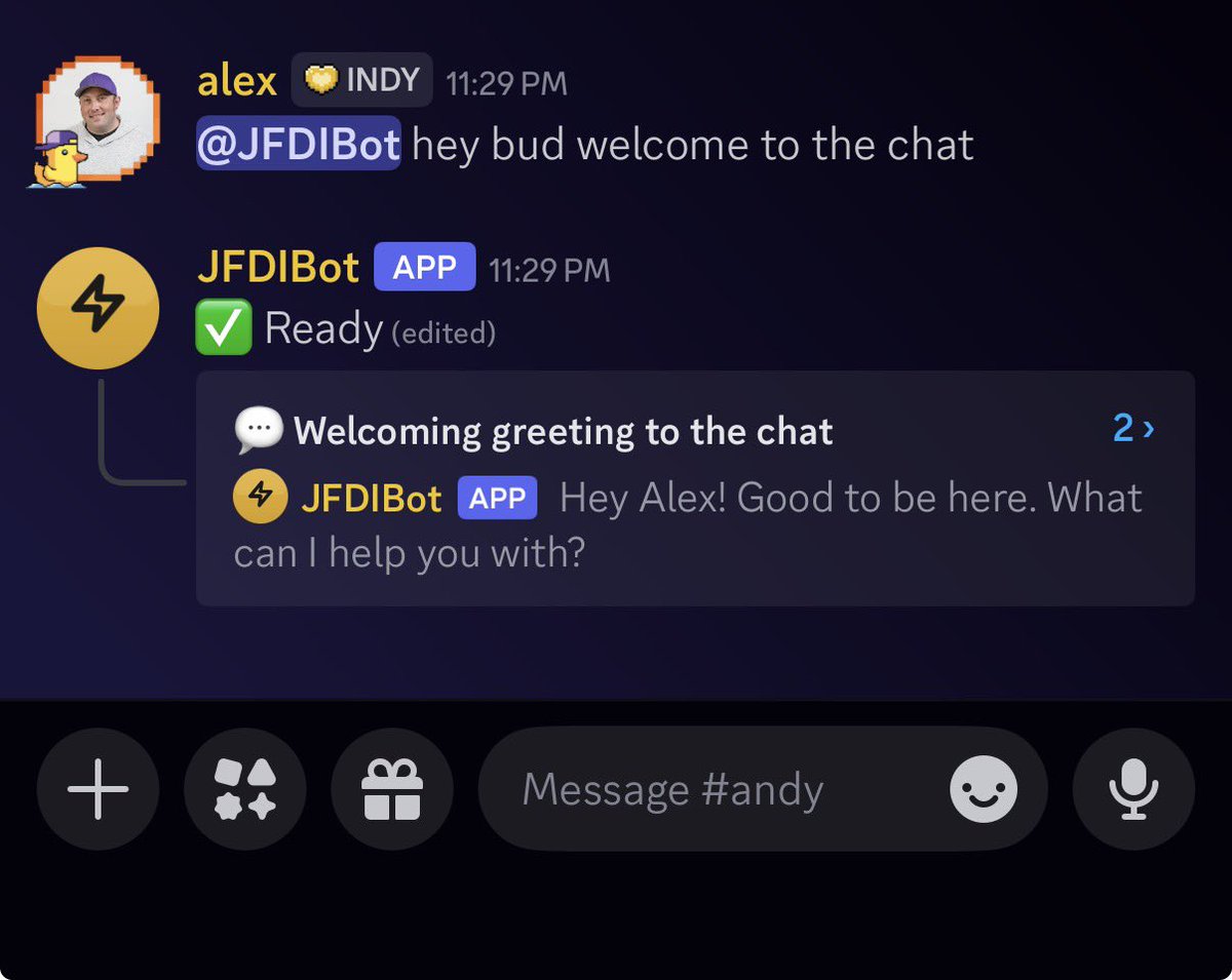 First ever JFDIBot Discord interaction
