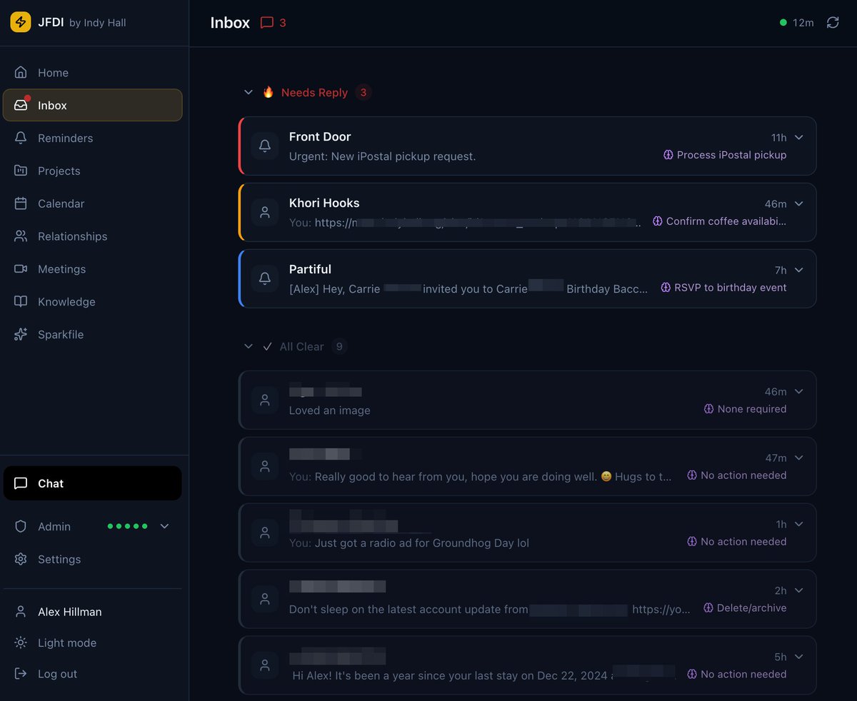 JFDI web app inbox with Needs Reply triage and suggested actions